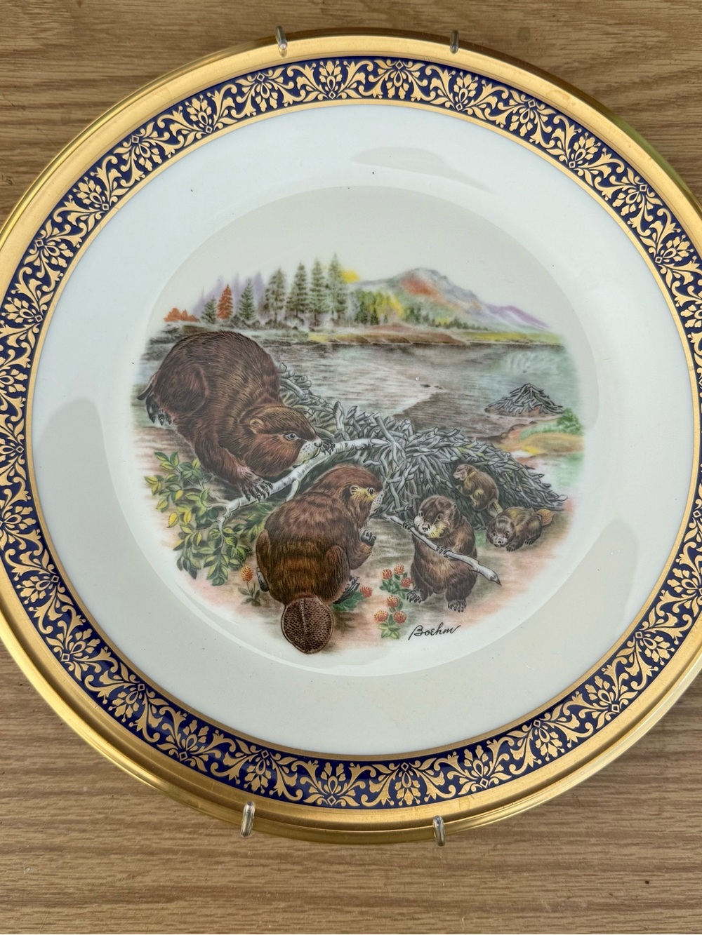 Lenox Blue and Gold Porcelain Beaver Family Plate
